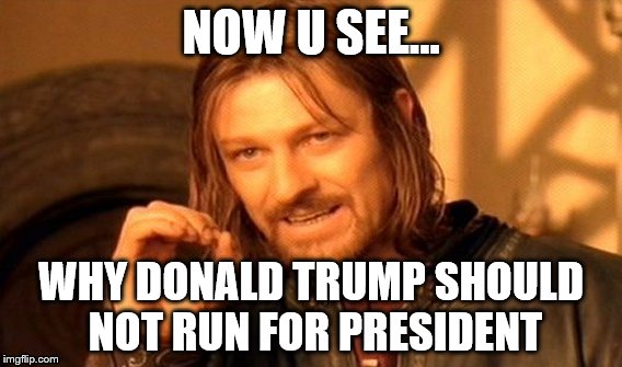 One Does Not Simply Meme | NOW U SEE... WHY DONALD TRUMP
SHOULD NOT RUN FOR PRESIDENT | image tagged in memes,one does not simply | made w/ Imgflip meme maker