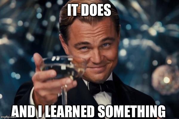 Leonardo Dicaprio Cheers Meme | IT DOES AND I LEARNED SOMETHING | image tagged in memes,leonardo dicaprio cheers | made w/ Imgflip meme maker