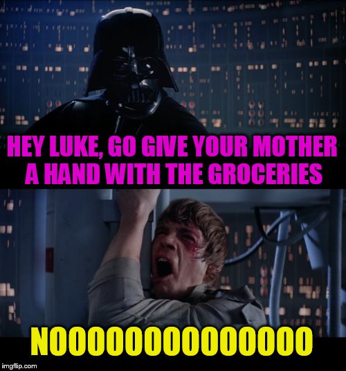 Star Wars No Meme | HEY LUKE, GO GIVE YOUR MOTHER A HAND WITH THE GROCERIES; NOOOOOOOOOOOOOO | image tagged in memes,star wars no | made w/ Imgflip meme maker