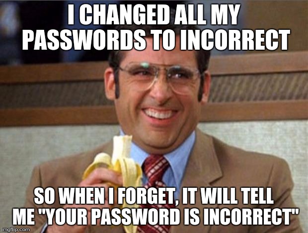 brick tamland |  I CHANGED ALL MY PASSWORDS TO INCORRECT; SO WHEN I FORGET, IT WILL TELL ME "YOUR PASSWORD IS INCORRECT" | image tagged in brick tamland,password,lol so funny | made w/ Imgflip meme maker