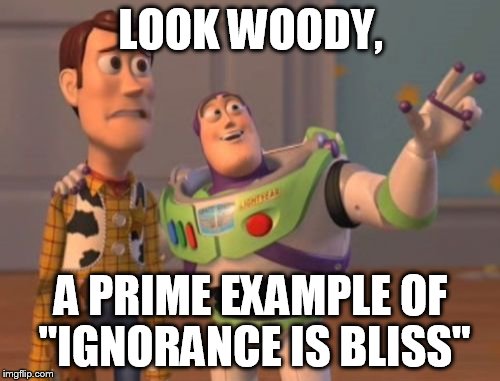 X, X Everywhere Meme | LOOK WOODY, A PRIME EXAMPLE OF "IGNORANCE IS BLISS" | image tagged in memes,x x everywhere | made w/ Imgflip meme maker