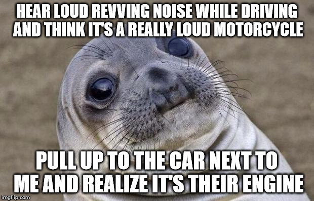 Awkward Moment Sealion | HEAR LOUD REVVING NOISE WHILE DRIVING AND THINK IT'S A REALLY LOUD MOTORCYCLE; PULL UP TO THE CAR NEXT TO ME AND REALIZE IT'S THEIR ENGINE | image tagged in memes,awkward moment sealion | made w/ Imgflip meme maker