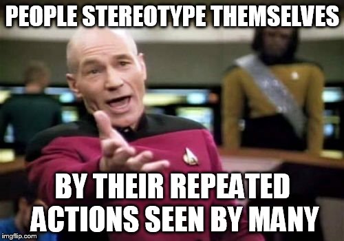 Picard Wtf Meme | PEOPLE STEREOTYPE THEMSELVES BY THEIR REPEATED ACTIONS SEEN BY MANY | image tagged in memes,picard wtf | made w/ Imgflip meme maker
