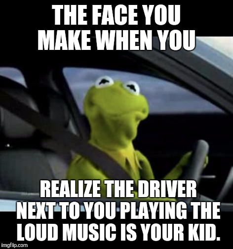 Kermit Driving | THE FACE YOU MAKE WHEN YOU; REALIZE THE DRIVER NEXT TO YOU PLAYING THE LOUD MUSIC IS YOUR KID. | image tagged in kermit driving | made w/ Imgflip meme maker
