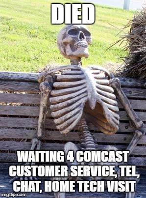 Waiting Skeleton Meme | DIED; WAITING 4 COMCAST CUSTOMER SERVICE, TEL, CHAT, HOME TECH VISIT | image tagged in memes,waiting skeleton | made w/ Imgflip meme maker