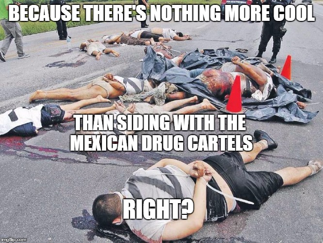 BECAUSE THERE'S NOTHING MORE COOL THAN SIDING WITH THE MEXICAN DRUG CARTELS RIGHT? | made w/ Imgflip meme maker