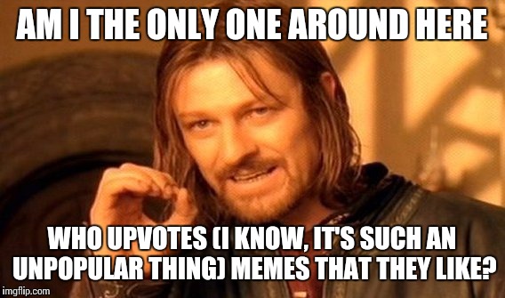 One Does Not Simply | AM I THE ONLY ONE AROUND HERE; WHO UPVOTES (I KNOW, IT'S SUCH AN UNPOPULAR THING) MEMES THAT THEY LIKE? | image tagged in memes,one does not simply | made w/ Imgflip meme maker