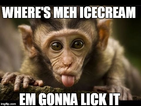 WHERE'S MEH ICECREAM; EM GONNA LICK IT | image tagged in licking monkey | made w/ Imgflip meme maker