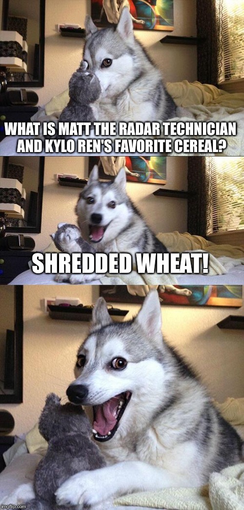 The Preferred cereal of the First Order! | WHAT IS MATT THE RADAR TECHNICIAN AND KYLO REN'S FAVORITE CEREAL? SHREDDED WHEAT! | image tagged in memes,bad pun dog,kylo ren,matt the radar technician,star wars,the force awakens | made w/ Imgflip meme maker