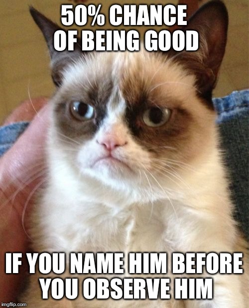 Grumpy Cat Meme | 50% CHANCE OF BEING GOOD IF YOU NAME HIM BEFORE YOU OBSERVE HIM | image tagged in memes,grumpy cat | made w/ Imgflip meme maker