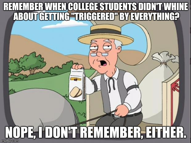 REMEMBER WHEN COLLEGE STUDENTS DIDN'T WHINE ABOUT GETTING "TRIGGERED" BY EVERYTHING? NOPE, I DON'T REMEMBER, EITHER. | image tagged in college,pepperige farms remembers | made w/ Imgflip meme maker