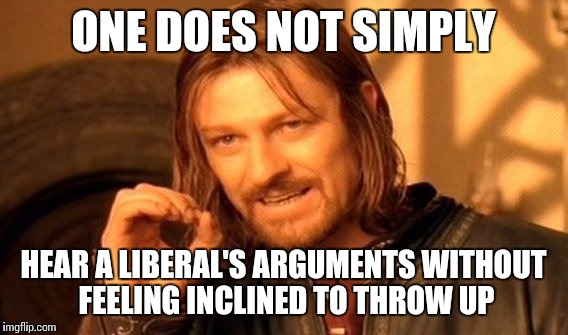 One Does Not Simply Meme | ONE DOES NOT SIMPLY; HEAR A LIBERAL'S ARGUMENTS WITHOUT FEELING INCLINED TO THROW UP | image tagged in memes,one does not simply | made w/ Imgflip meme maker
