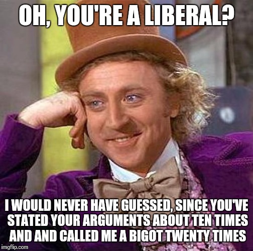 Creepy Condescending Wonka | OH, YOU'RE A LIBERAL? I WOULD NEVER HAVE GUESSED, SINCE YOU'VE STATED YOUR ARGUMENTS ABOUT TEN TIMES AND AND CALLED ME A BIGOT TWENTY TIMES | image tagged in memes,creepy condescending wonka | made w/ Imgflip meme maker