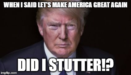 WHEN I SAID LET'S MAKE AMERICA GREAT AGAIN; DID I STUTTER!? | image tagged in trump | made w/ Imgflip meme maker