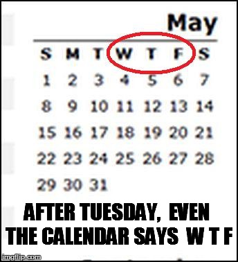 Even time gives up! | AFTER TUESDAY,  EVEN THE CALENDAR SAYS  W T F | image tagged in funny | made w/ Imgflip meme maker