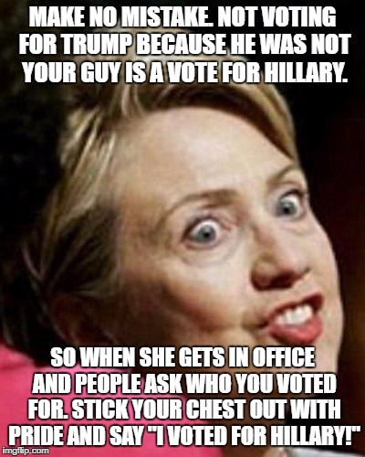 Hillary Clinton Fish | MAKE NO MISTAKE. NOT VOTING FOR TRUMP BECAUSE HE WAS NOT YOUR GUY IS A VOTE FOR HILLARY. SO WHEN SHE GETS IN OFFICE AND PEOPLE ASK WHO YOU VOTED FOR. STICK YOUR CHEST OUT WITH PRIDE AND SAY "I VOTED FOR HILLARY!" | image tagged in hillary clinton fish | made w/ Imgflip meme maker