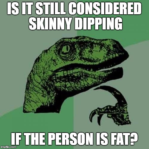 Philosoraptor Meme | IS IT STILL CONSIDERED SKINNY DIPPING IF THE PERSON IS FAT? | image tagged in memes,philosoraptor | made w/ Imgflip meme maker
