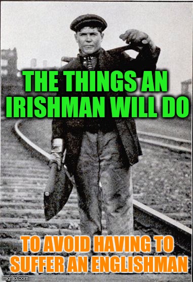 True Stories | THE THINGS AN IRISHMAN WILL DO; TO AVOID HAVING TO SUFFER AN ENGLISHMAN | image tagged in railroad worker,irish | made w/ Imgflip meme maker