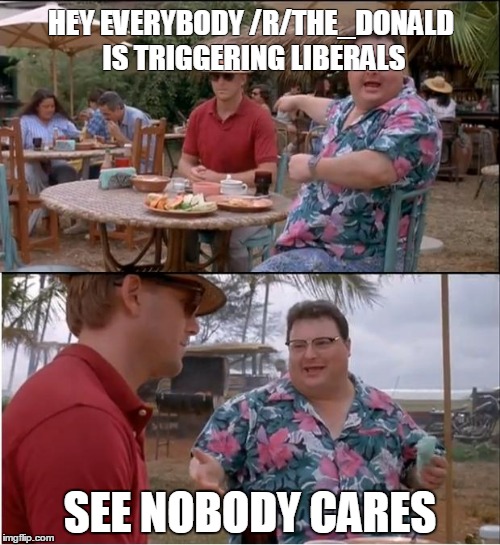 See Nobody Cares Meme | HEY EVERYBODY /R/THE_DONALD IS TRIGGERING LIBERALS; SEE NOBODY CARES | image tagged in memes,see nobody cares | made w/ Imgflip meme maker