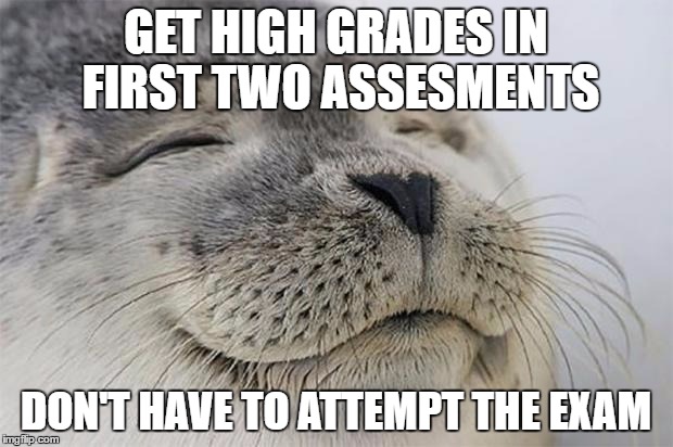Satisfied Seal | GET HIGH GRADES IN FIRST TWO ASSESMENTS; DON'T HAVE TO ATTEMPT THE EXAM | image tagged in memes,satisfied seal | made w/ Imgflip meme maker