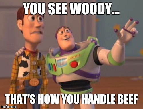 X, X Everywhere Meme | YOU SEE WOODY... THAT'S HOW YOU HANDLE BEEF | image tagged in memes,x x everywhere | made w/ Imgflip meme maker