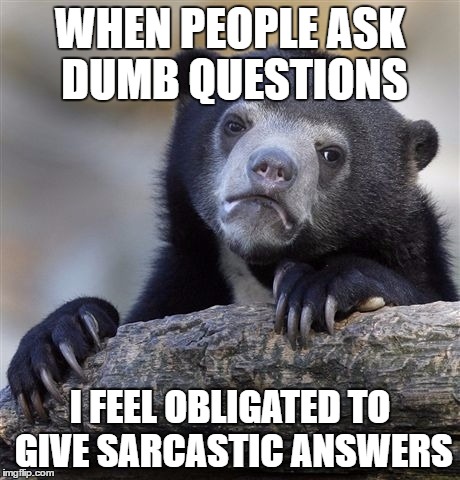 Confession Bear | WHEN PEOPLE ASK DUMB QUESTIONS; I FEEL OBLIGATED TO GIVE SARCASTIC ANSWERS | image tagged in memes,confession bear | made w/ Imgflip meme maker