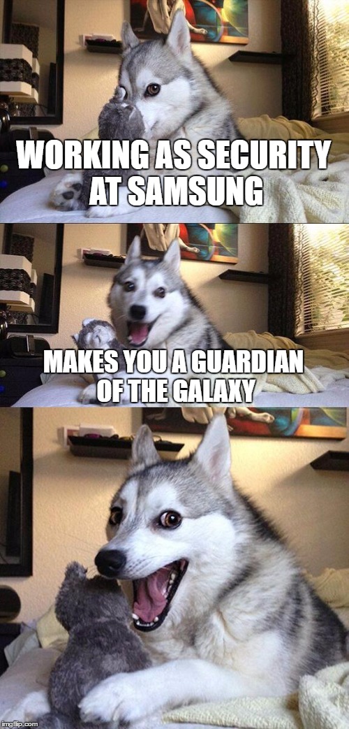 Bad Pun Dog | WORKING AS SECURITY AT SAMSUNG; MAKES YOU A GUARDIAN OF THE GALAXY | image tagged in memes,bad pun dog | made w/ Imgflip meme maker