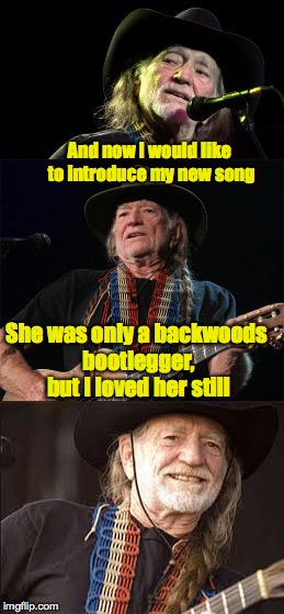 Still a better love song than than the Pina Colada song | And now I would like to introduce my new song; She was only a backwoods bootlegger, but I loved her still | image tagged in bad pun willie nelson,song | made w/ Imgflip meme maker