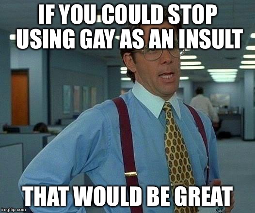 Like seriously, there are so many other words, and you pick gay? | IF YOU COULD STOP USING GAY AS AN INSULT; THAT WOULD BE GREAT | image tagged in memes,that would be great | made w/ Imgflip meme maker