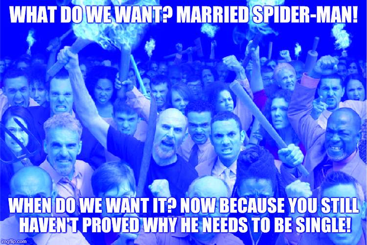 Angry Mob | WHAT DO WE WANT? MARRIED SPIDER-MAN! WHEN DO WE WANT IT? NOW BECAUSE YOU STILL HAVEN'T PROVED WHY HE NEEDS TO BE SINGLE! | image tagged in angry mob | made w/ Imgflip meme maker