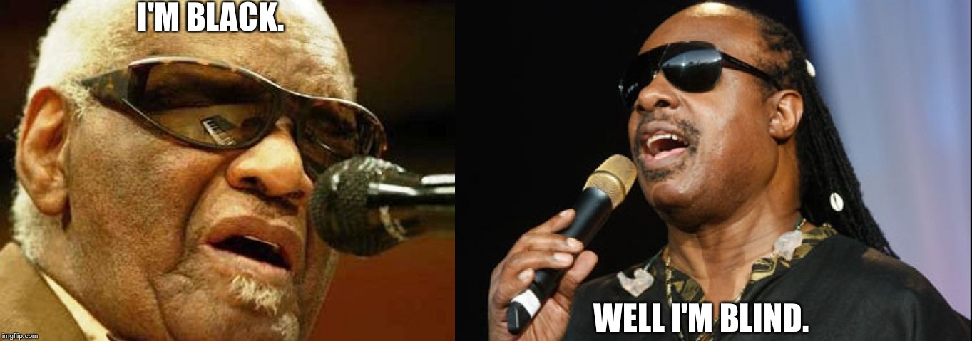 Ray Charles and Stevie Wonder | I'M BLACK. WELL I'M BLIND. | image tagged in ray charles and stevie wonder | made w/ Imgflip meme maker