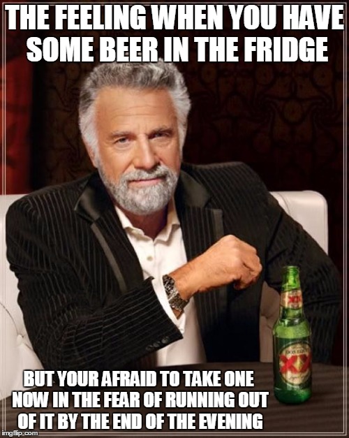 The Most Interesting Man In The World | THE FEELING WHEN YOU HAVE SOME BEER IN THE FRIDGE; BUT YOUR AFRAID TO TAKE ONE NOW IN THE FEAR OF RUNNING OUT OF IT BY THE END OF THE EVENING | image tagged in memes,the most interesting man in the world | made w/ Imgflip meme maker