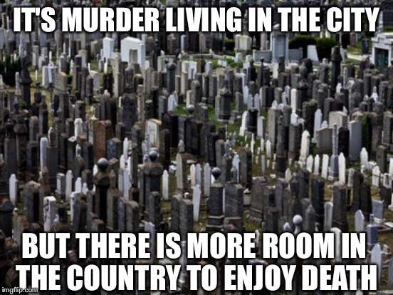 IT'S MURDER LIVING IN THE CITY BUT THERE IS MORE ROOM IN THE COUNTRY TO ENJOY DEATH | made w/ Imgflip meme maker