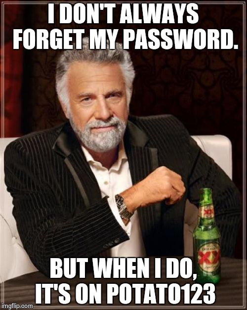The Most Interesting Man In The World | I DON'T ALWAYS FORGET MY PASSWORD. BUT WHEN I DO, IT'S ON POTATO123 | image tagged in memes,the most interesting man in the world | made w/ Imgflip meme maker