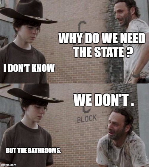 Rick and Carl | WHY DO WE NEED THE STATE ? I DON'T KNOW; WE DON'T . BUT THE BATHROOMS. | image tagged in memes,rick and carl | made w/ Imgflip meme maker