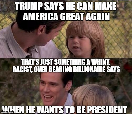 Reminds me of Ross Perot | TRUMP SAYS HE CAN MAKE AMERICA GREAT AGAIN; THAT'S JUST SOMETHING A WHINY, RACIST, OVER BEARING BILLIONAIRE SAYS; WHEN HE WANTS TO BE PRESIDENT | image tagged in memes,thats just something x say | made w/ Imgflip meme maker