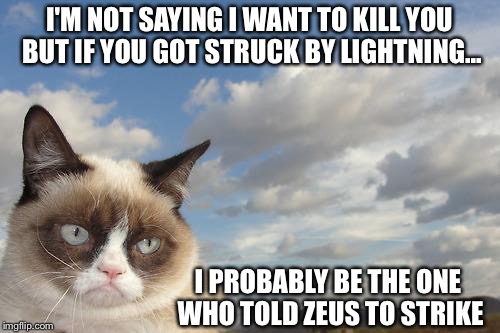 Struck by lightning | I'M NOT SAYING I WANT TO KILL YOU BUT IF YOU GOT STRUCK BY LIGHTNING... I PROBABLY BE THE ONE WHO TOLD ZEUS TO STRIKE | image tagged in memes,grumpy cat sky,grumpy cat,sky,cloud | made w/ Imgflip meme maker