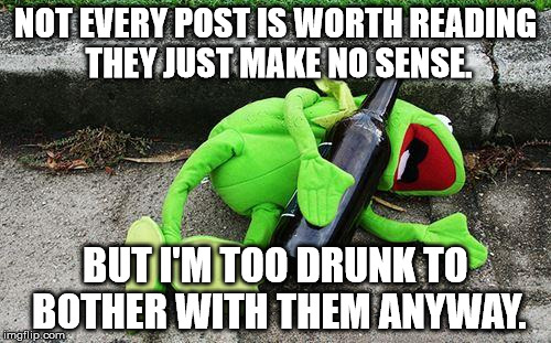 Drunk Kermit | NOT EVERY POST IS WORTH READING THEY JUST MAKE NO SENSE. BUT I'M TOO DRUNK TO BOTHER WITH THEM ANYWAY. | image tagged in drunk kermit | made w/ Imgflip meme maker