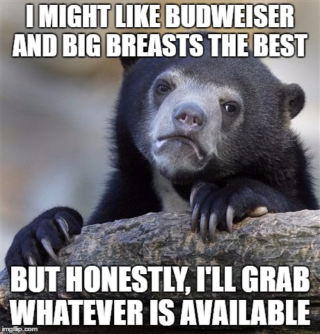 Confession Bear | I MIGHT LIKE BUDWEISER AND BIG BREASTS THE BEST; BUT HONESTLY, I'LL GRAB WHATEVER IS AVAILABLE | image tagged in memes,confession bear | made w/ Imgflip meme maker