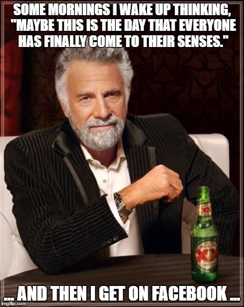 The Most Interesting Man In The World | SOME MORNINGS I WAKE UP THINKING, "MAYBE THIS IS THE DAY THAT EVERYONE HAS FINALLY COME TO THEIR SENSES."; ... AND THEN I GET ON FACEBOOK ... | image tagged in memes,the most interesting man in the world | made w/ Imgflip meme maker