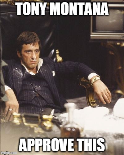 SCARFACE | TONY MONTANA; APPROVE THIS | image tagged in scarface | made w/ Imgflip meme maker