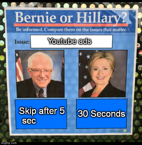 Bernie or Hillary? | Youtube ads; Skip after 5 sec; 30 Seconds | image tagged in bernie or hillary | made w/ Imgflip meme maker