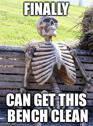 Waiting Skeleton Meme | FINALLY; CAN GET THIS BENCH CLEAN | image tagged in memes,waiting skeleton | made w/ Imgflip meme maker