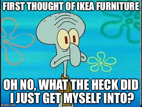 Squidward Oh no | FIRST THOUGHT OF IKEA FURNITURE; OH NO, WHAT THE HECK DID I JUST GET MYSELF INTO? | image tagged in squidward oh no | made w/ Imgflip meme maker