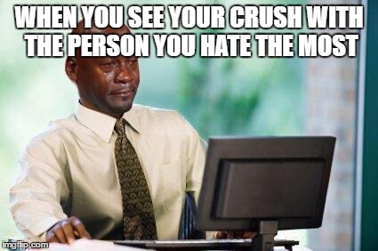 Crying Michael Jordan @ Computer | WHEN YOU SEE YOUR CRUSH WITH THE PERSON YOU HATE THE MOST | image tagged in crying michael jordan  computer | made w/ Imgflip meme maker