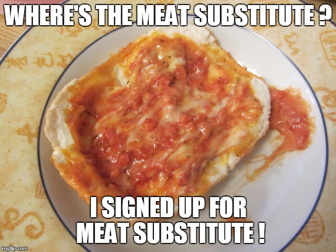 WHERE'S THE MEAT SUBSTITUTE ? I SIGNED UP FOR MEAT SUBSTITUTE ! | image tagged in pizza pop | made w/ Imgflip meme maker