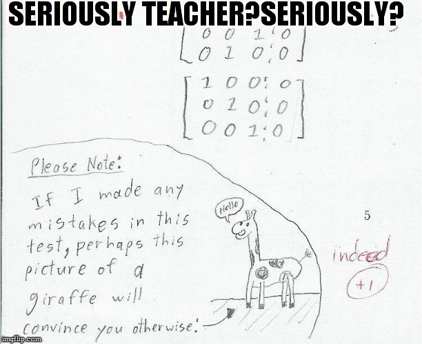 no giraffes were harmed during the making of this meme | SERIOUSLY TEACHER?SERIOUSLY? | image tagged in i want that teacher,funny,test,giraffe,teacher,memes | made w/ Imgflip meme maker