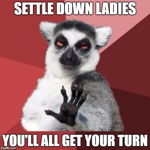 Chill Out Lemur Meme | SETTLE DOWN LADIES; YOU'LL ALL GET YOUR TURN | image tagged in memes,chill out lemur | made w/ Imgflip meme maker