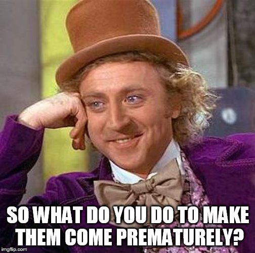 Creepy Condescending Wonka Meme | SO WHAT DO YOU DO TO MAKE THEM COME PREMATURELY? | image tagged in memes,creepy condescending wonka | made w/ Imgflip meme maker