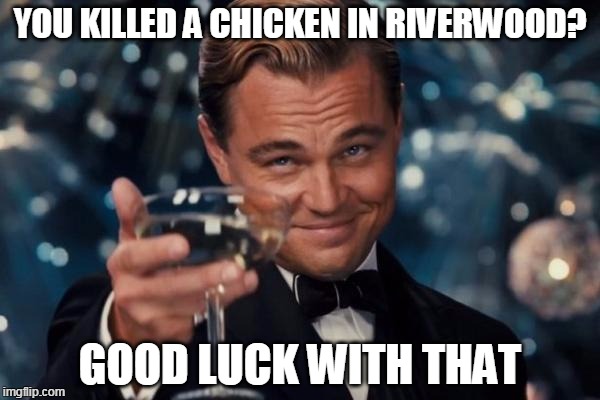 Leonardo Dicaprio Cheers | YOU KILLED A CHICKEN IN RIVERWOOD? GOOD LUCK WITH THAT | image tagged in memes,leonardo dicaprio cheers,skyrim | made w/ Imgflip meme maker
